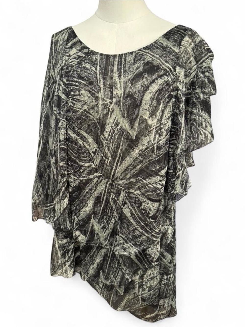 Vintage Catherine Malandrino abstract silk poncho blouse ruffle tunic